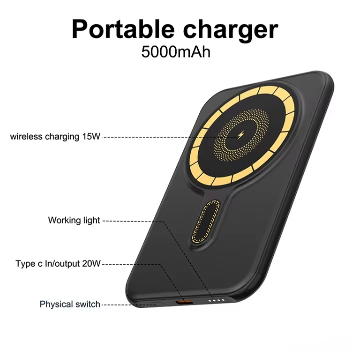 Ultra Slim Portable Mini Power Bank 5000mAh 15W Wireless Portable Power Bank Magnetic Powerbank