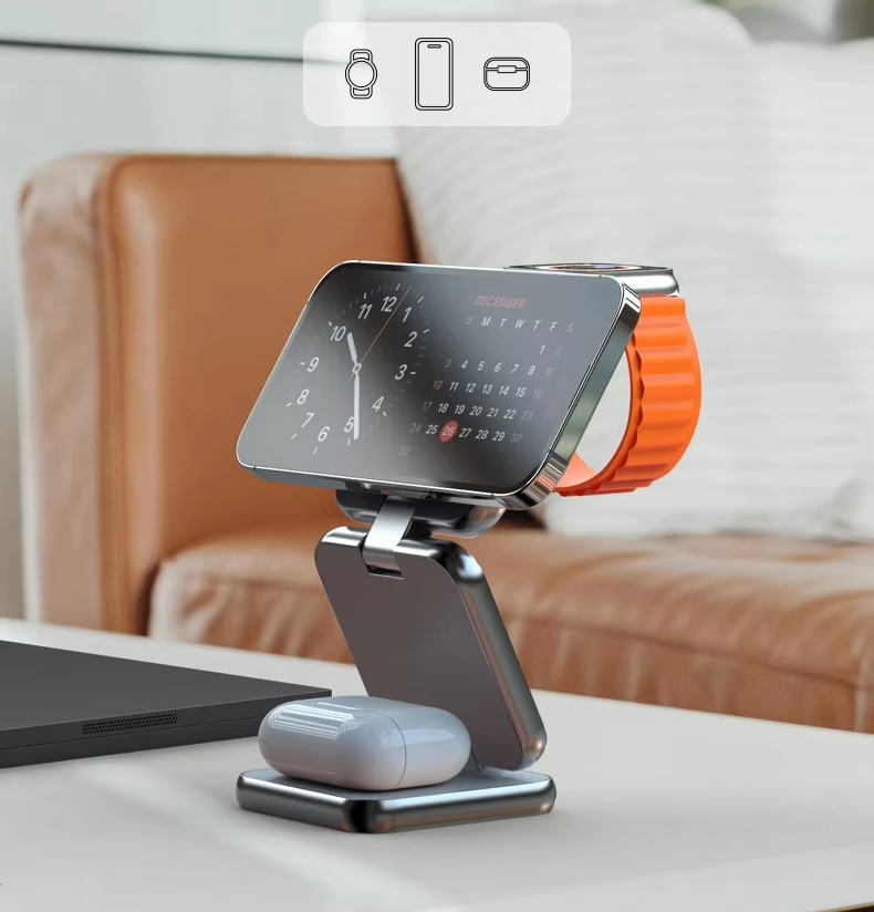 Multi-functional Foldable 3 in 1 Wireless Charging Station 15W Fast Magnetic Wireless Charger Travel Wireless Charger Stand for iPhone