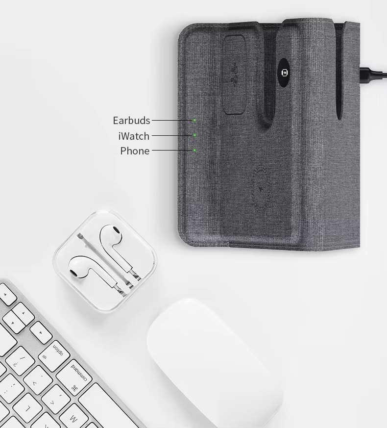 Full leather foldable desktop charging station supports 15W high power fast charging magnetic 3 in 1 wireless charger