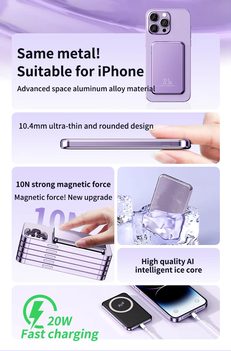 Light Thin Slim Design 5000mah Magnetic Wireless Power Bank Fast Charging PD20W