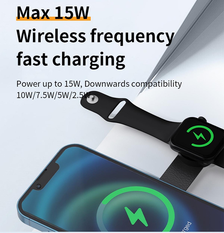 Mini 3 in 1 Foldable Wireless Charger with Keyring 15W Fast Charging Magnetic Charger