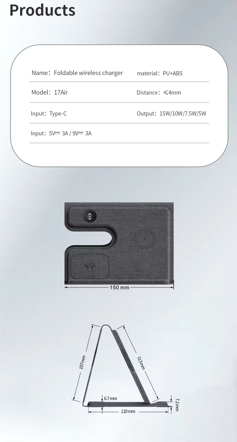 Full leather foldable desktop charging station supports 15W high power fast charging magnetic 3 in 1 wireless charger