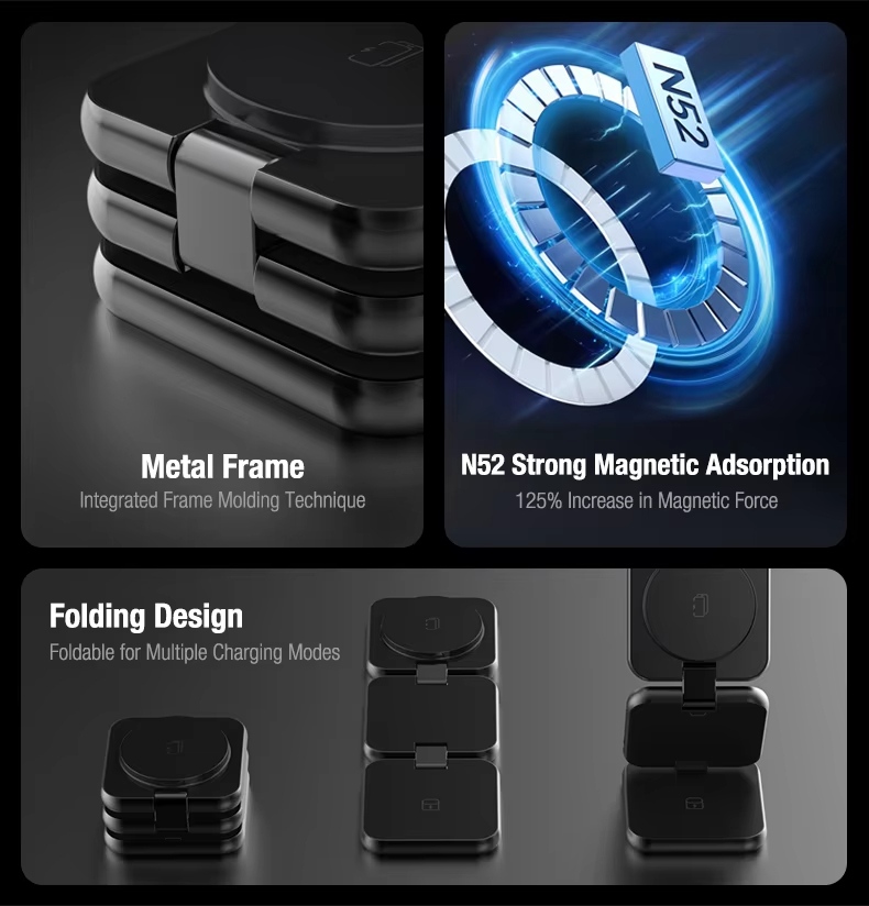 Multi-functional Foldable 3 in 1 Wireless Charging Station 15W Fast Magnetic Wireless Charger Travel Wireless Charger Stand for iPhone