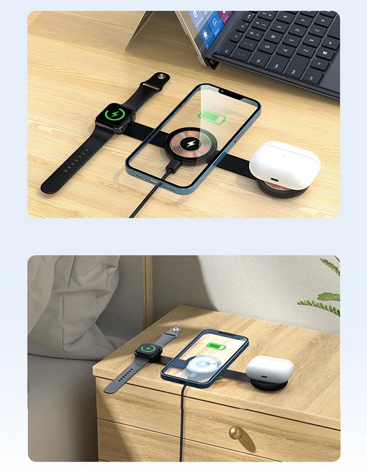 Mini 3 in 1 Foldable Wireless Charger with Keyring 15W Fast Charging Magnetic Charger
