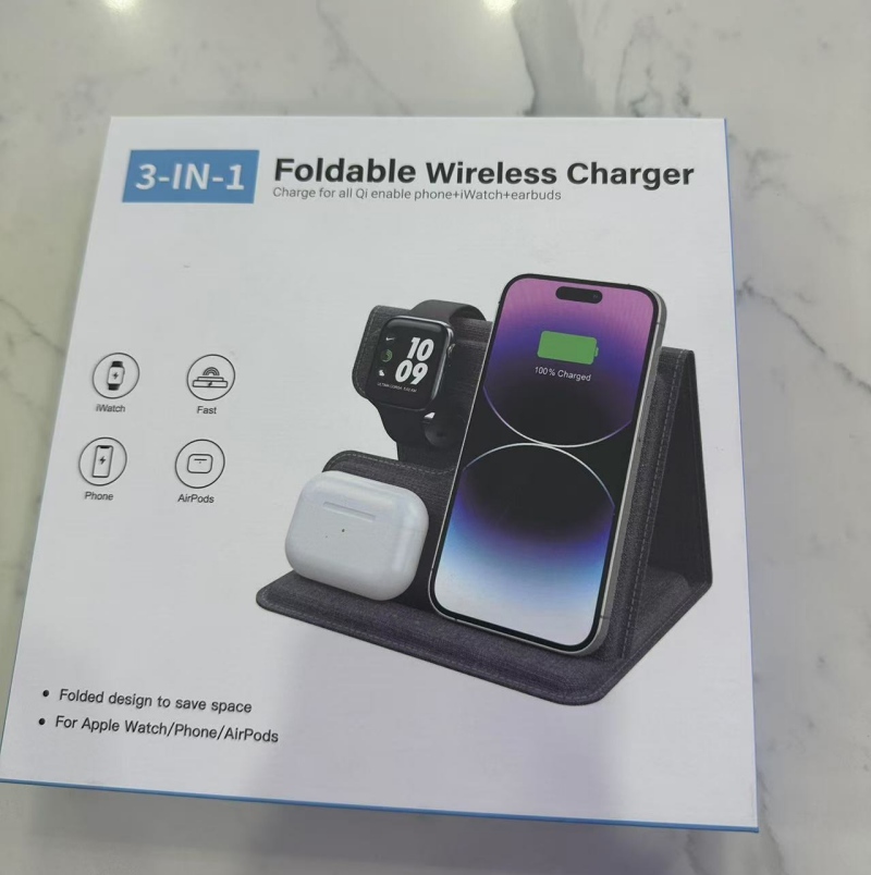 Full leather foldable desktop charging station supports 15W high power fast charging magnetic 3 in 1 wireless charger