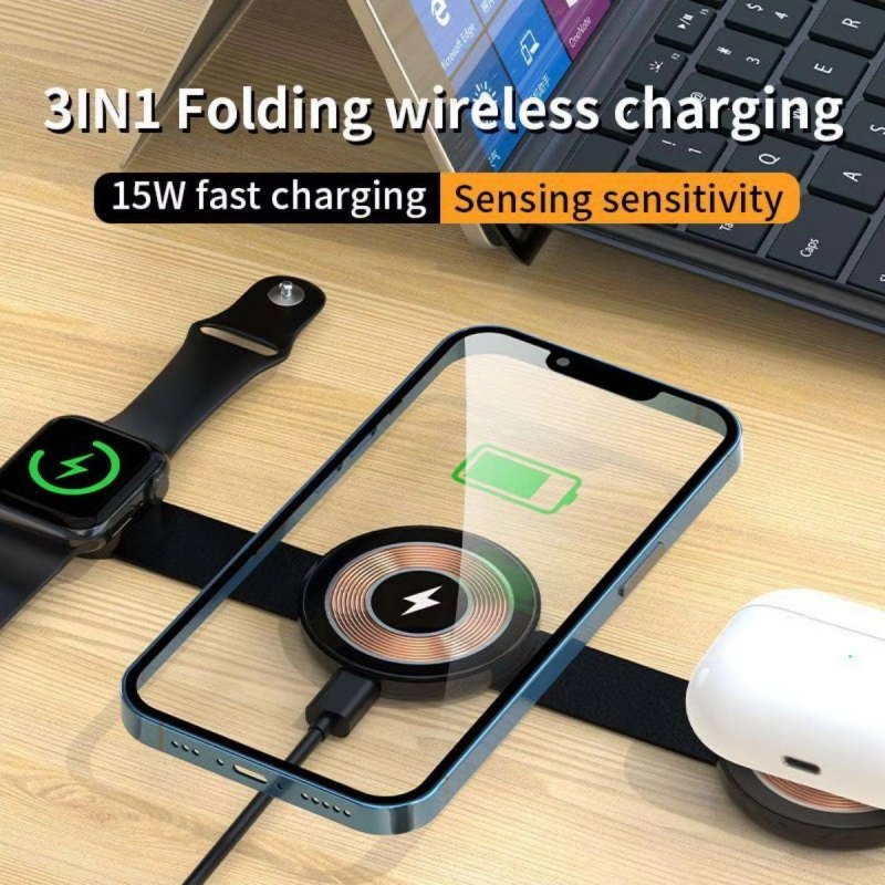 Mini 3 in 1 Foldable Wireless Charger with Keyring 15W Fast Charging Magnetic Charger