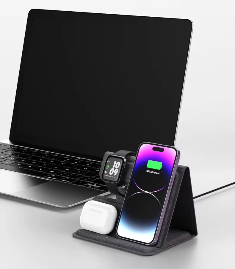 Full leather foldable desktop charging station supports 15W high power fast charging magnetic 3 in 1 wireless charger