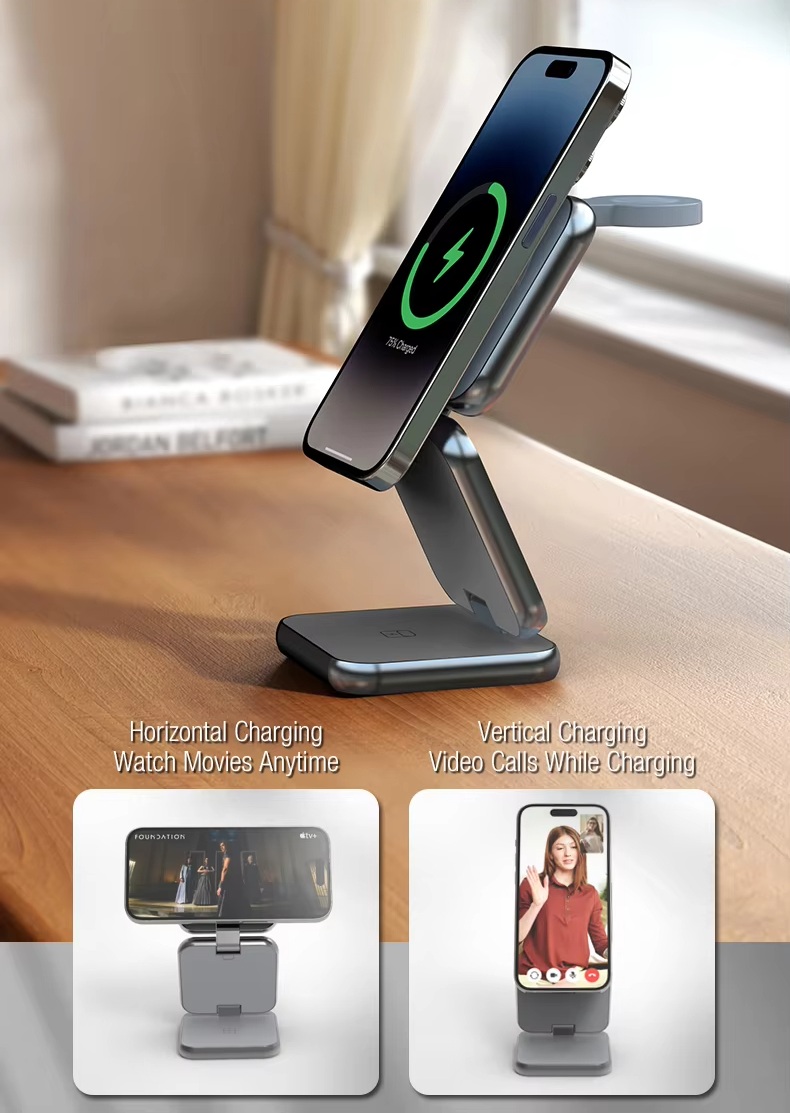 Multi-functional Foldable 3 in 1 Wireless Charging Station 15W Fast Magnetic Wireless Charger Travel Wireless Charger Stand for iPhone