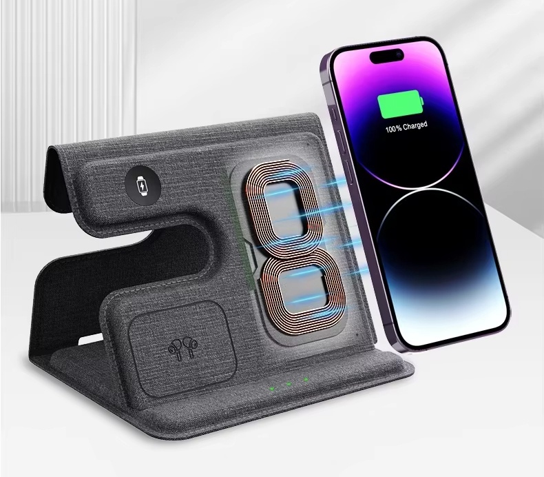 Full leather foldable desktop charging station supports 15W high power fast charging magnetic 3 in 1 wireless charger