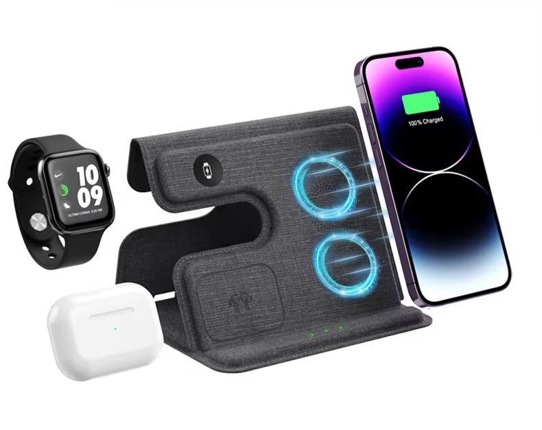 Full leather foldable desktop charging station supports 15W high power fast charging magnetic 3 in 1 wireless charger