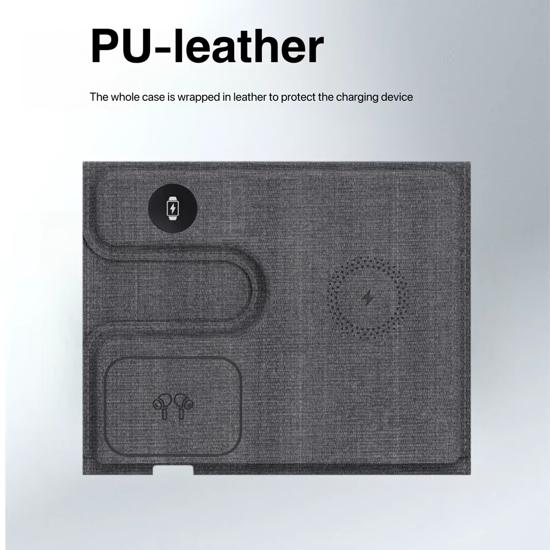 Full leather foldable desktop charging station supports 15W high power fast charging magnetic 3 in 1 wireless charger