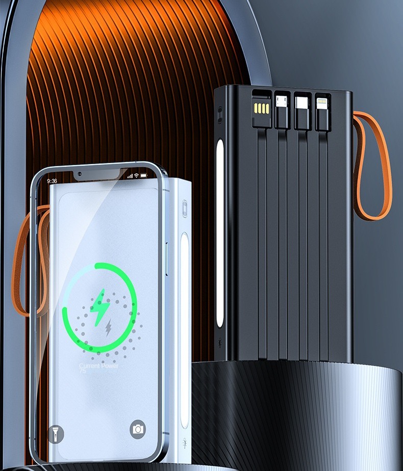 10000mAh Wireless Charging Power Bank Built-in Cable Portable Charger Power Bank With Lanyard