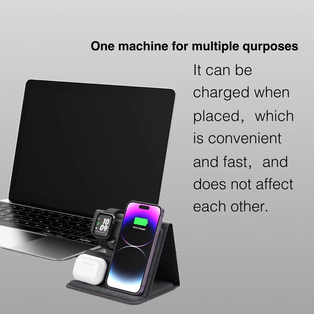 Full leather foldable desktop charging station supports 15W high power fast charging magnetic 3 in 1 wireless charger