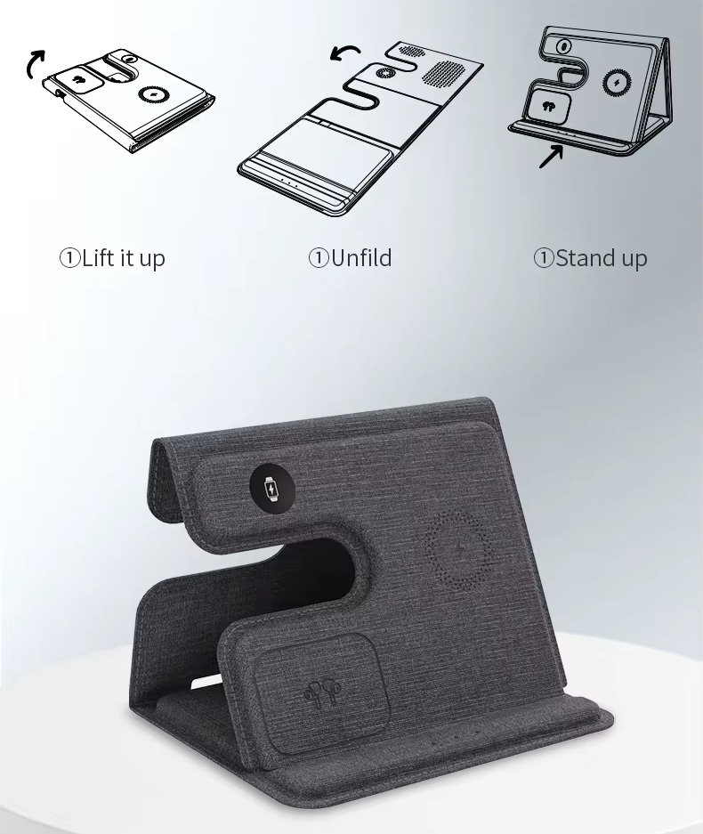 Full leather foldable desktop charging station supports 15W high power fast charging magnetic 3 in 1 wireless charger