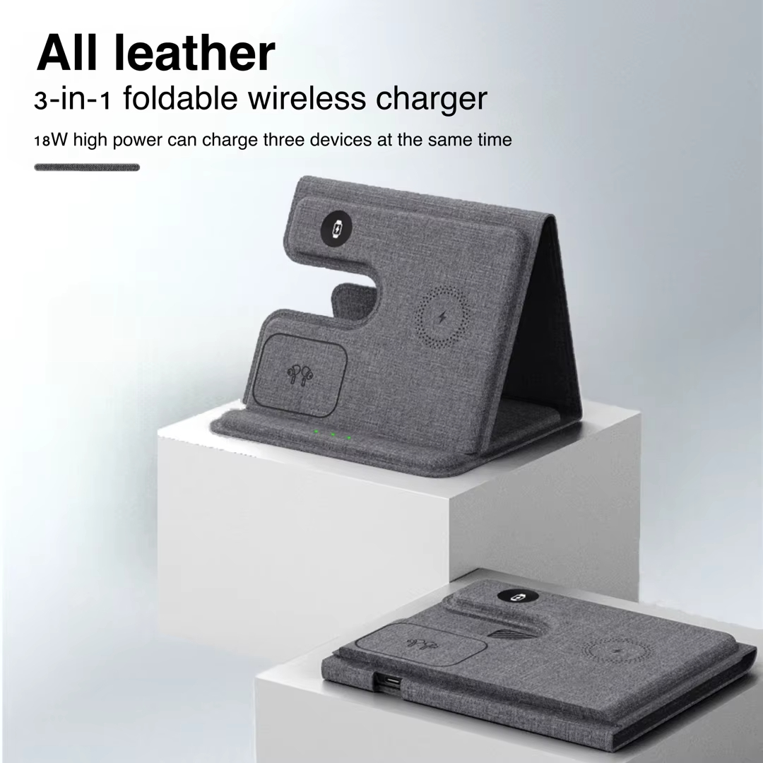 Full leather foldable desktop charging station supports 15W high power fast charging magnetic 3 in 1 wireless charger