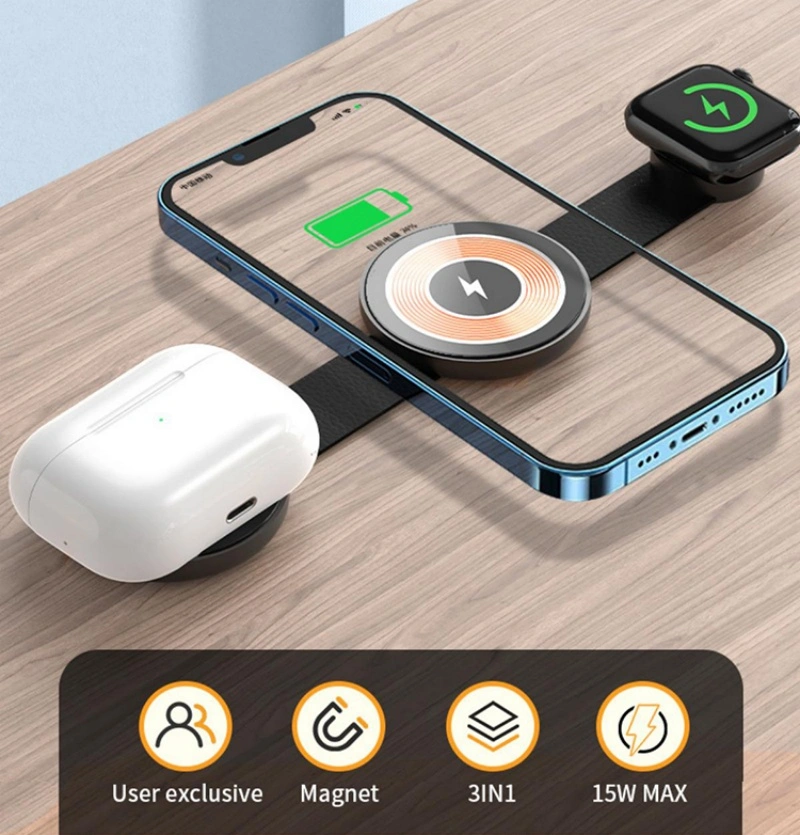 Mini 3 in 1 Foldable Wireless Charger with Keyring 15W Fast Charging Magnetic Charger