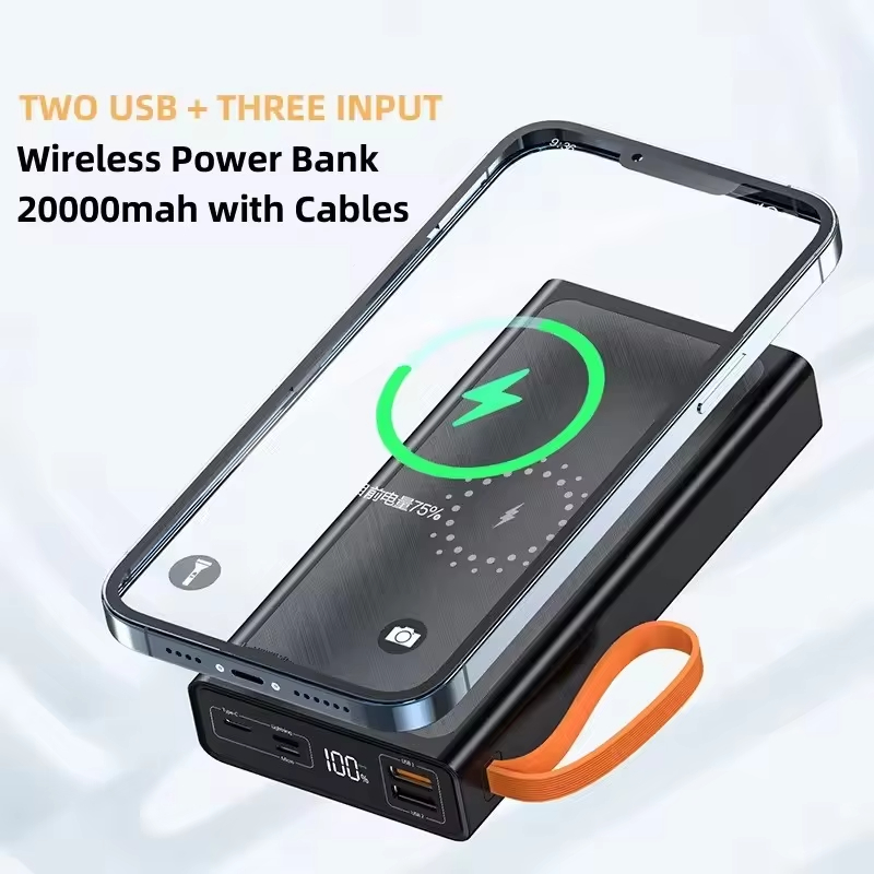 10000mAh Wireless Charging Power Bank Built-in Cable Portable Charger Power Bank With Lanyard