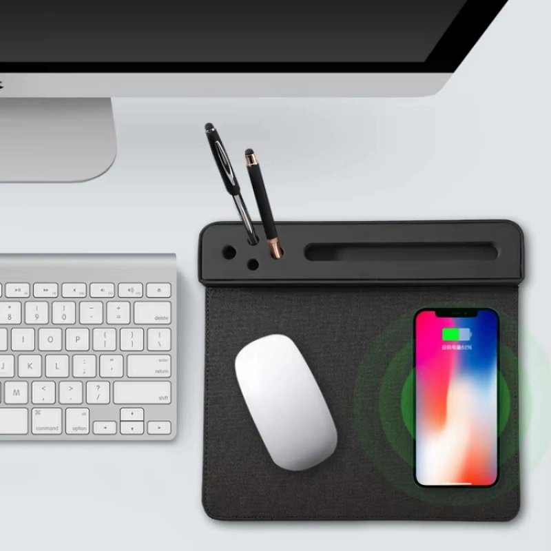 Eco-friendly Wireless Charging Mouse Pad PU Leather Mouse Pad Wireless Charge with Pen Holder