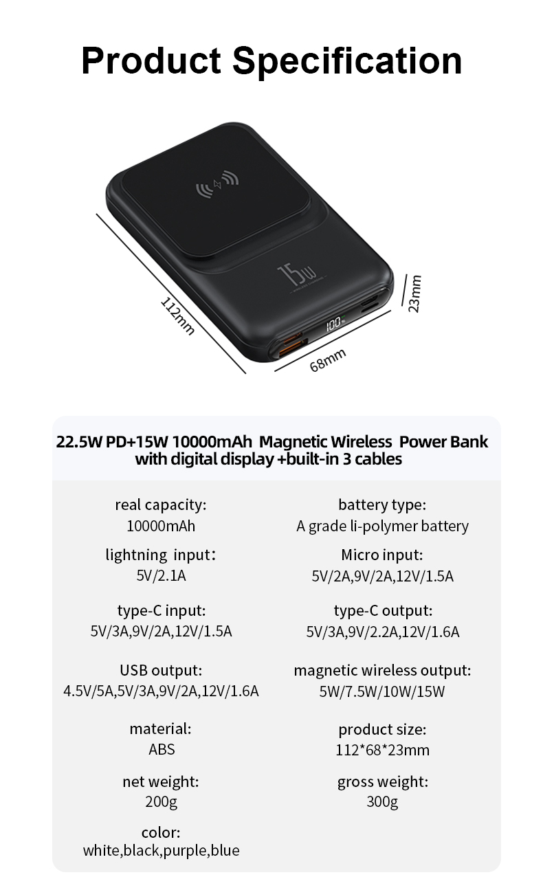 Mini Portable Charger 10000mah Powerbank Magnetic 15W Wireless fast Charging Power Bank with LED Display