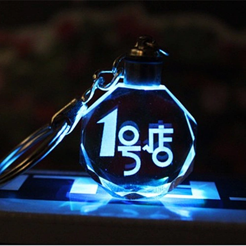 Wholesale promotion gift customized logo engraving LED lamp transparent crystal key ring for souvenir