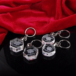Wholesale custom souvenirs 3d oval laser engraved/engraving glass rhinestone car logo led crystal keychain with box