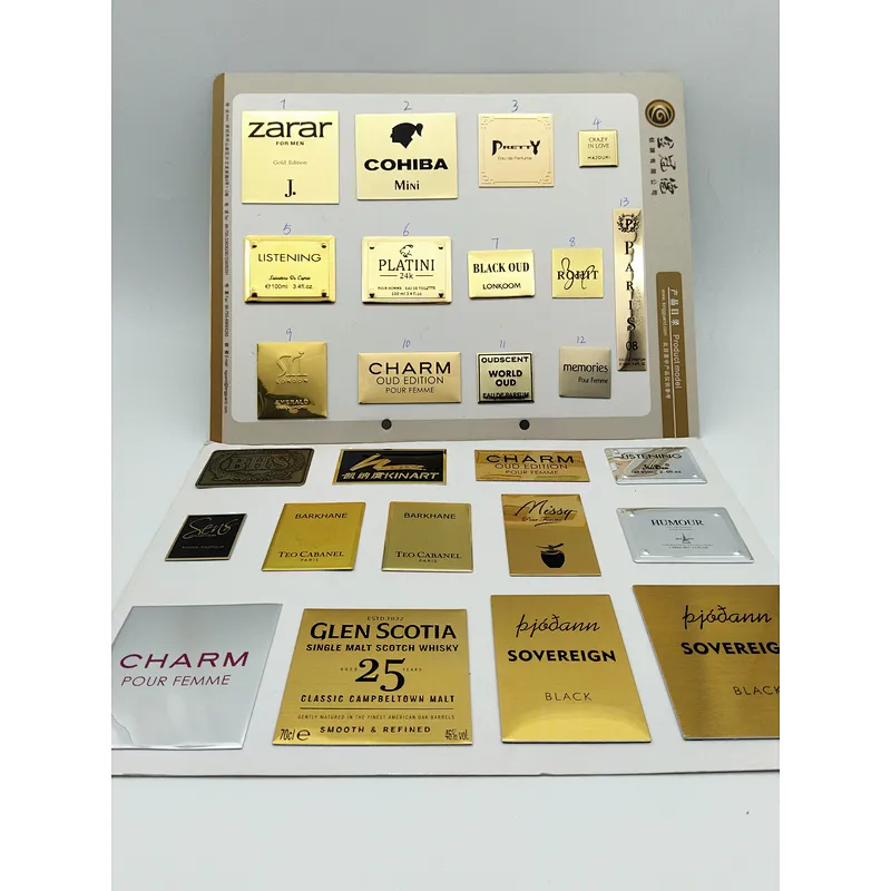 Accept custom logo embossed metal label brand perfume stickers designed for custom stickers