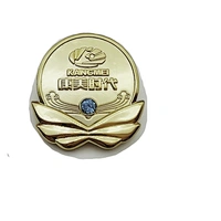 best seller 2019 Custom luxury 3d golden club lapel round pin metal id badge pin with Blue crystal for clothing labels custom