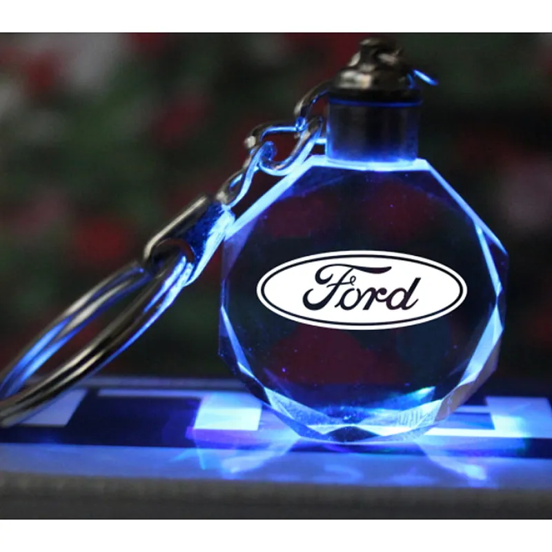 Custom new luxury cheap 3d laser engraving car brand/empty logo led crystal/acrylic/glass keychain light changing with photo