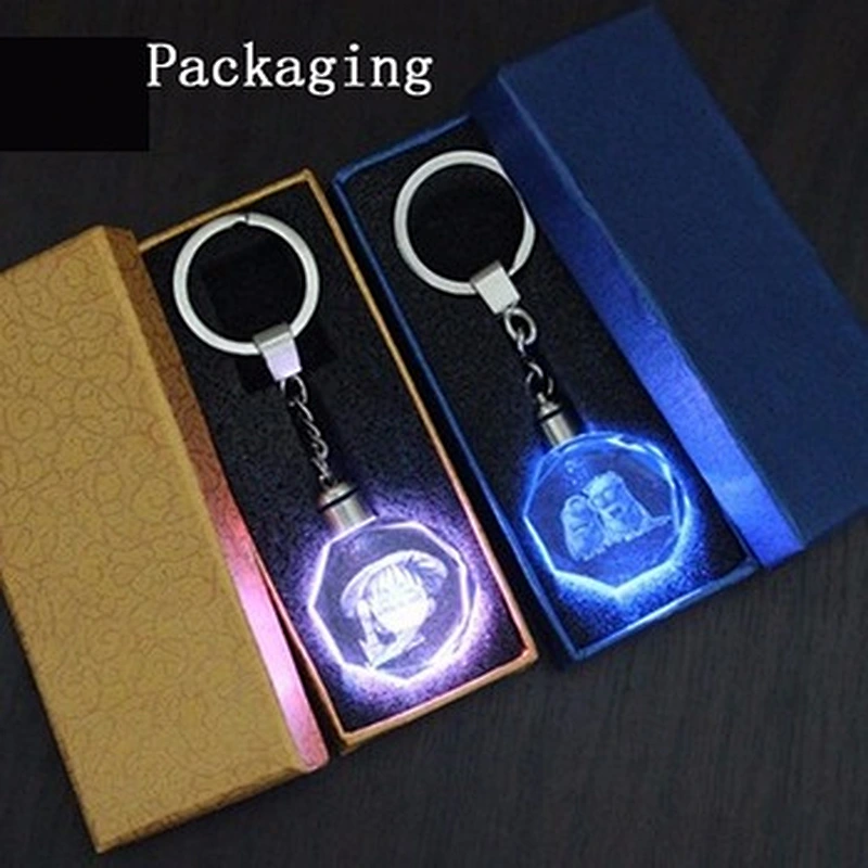 Wholesale promotion gift customized logo engraving LED lamp transparent crystal key ring for souvenir
