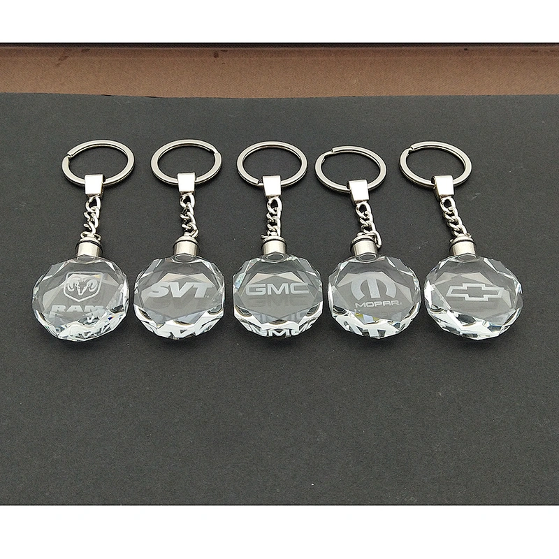 Fashion 3D Laser Engraved Light Up Transparent Crystal Budget Keyring/LED Flashlight Crystal Key Chains For Gift