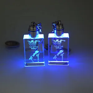 Wholesale custom souvenirs 3d oval laser engraved/engraving glass rhinestone car logo led crystal keychain with box