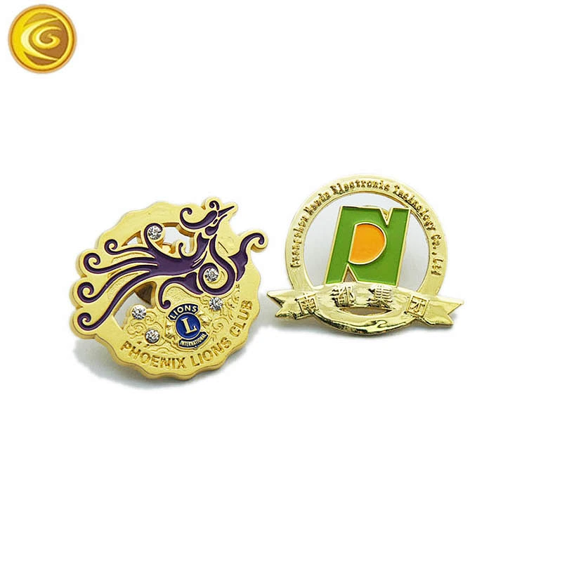best seller 2019 Custom luxury 3d golden club lapel round pin metal id badge pin with Blue crystal for clothing labels custom