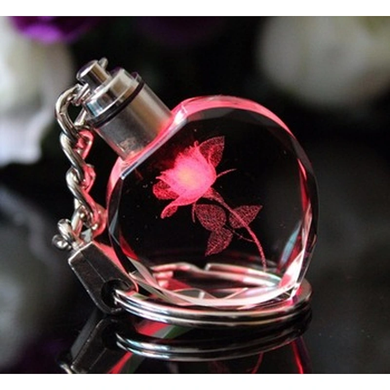 Wholesale promotion gift customized logo engraving LED lamp transparent crystal key ring for souvenir