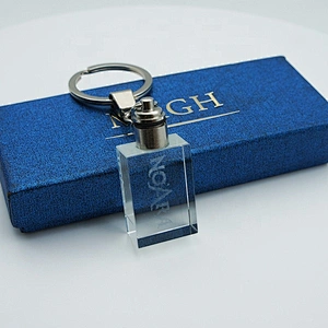 Custom new luxury cheap 3d laser engraving car brand/empty logo led crystal/acrylic/glass keychain light changing with photo