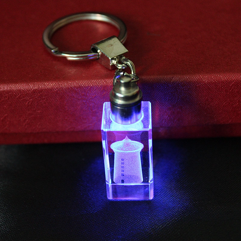 Fashion 3D Laser Engraved Light Up Transparent Crystal Budget Keyring/LED Flashlight Crystal Key Chains For Gift