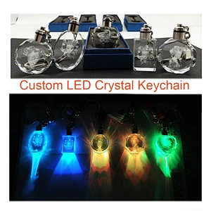 Fashion 3D Laser Engraved Light Up Transparent Crystal Budget Keyring/LED Flashlight Crystal Key Chains For Gift