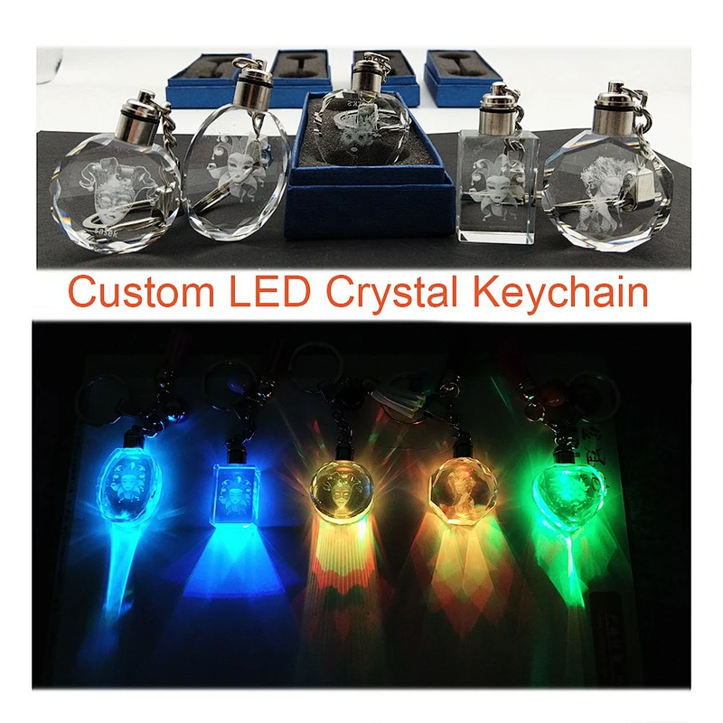 Fashion 3D Laser Engraved Light Up Transparent Crystal Budget Keyring/LED Flashlight Crystal Key Chains For Gift