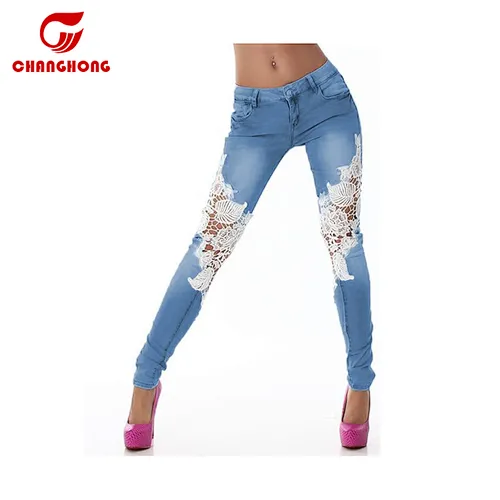 sexy skinny women crochet lace jeans pants