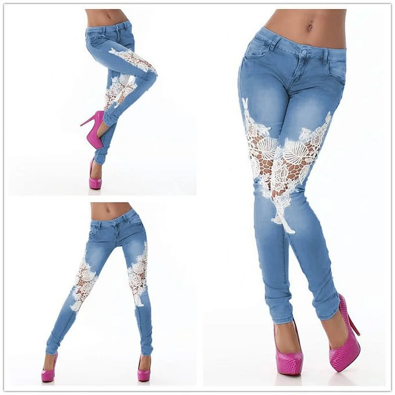 sexy skinny women crochet lace jeans pants