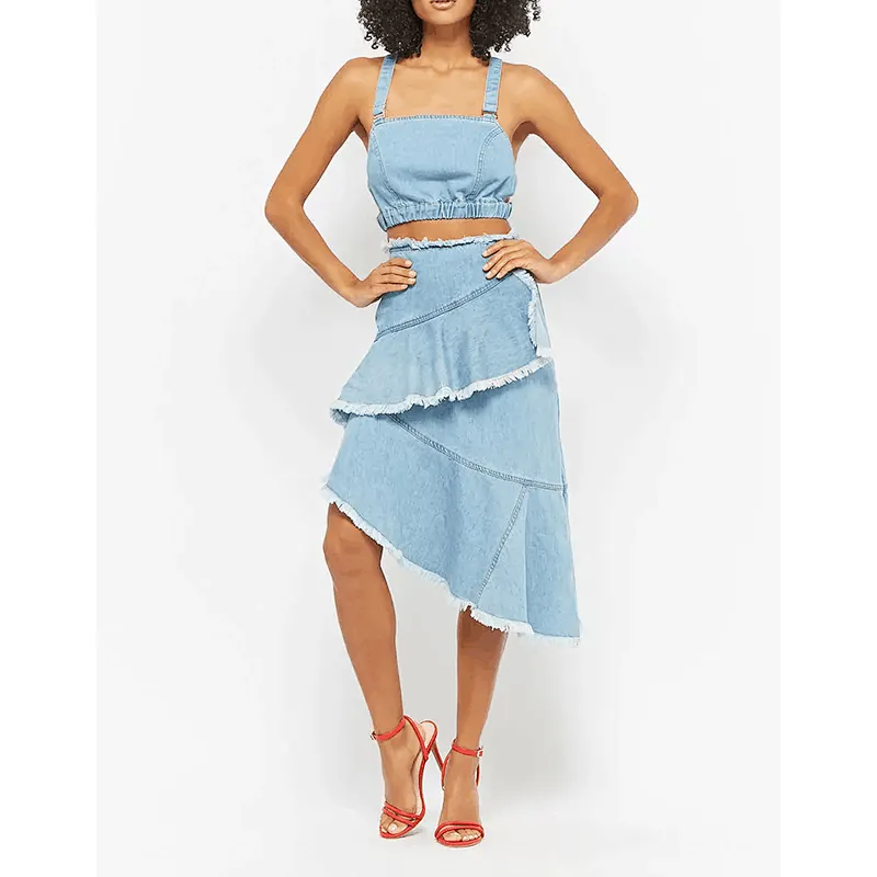 wholesale women fashion frayed ruffled flared skirt jeans