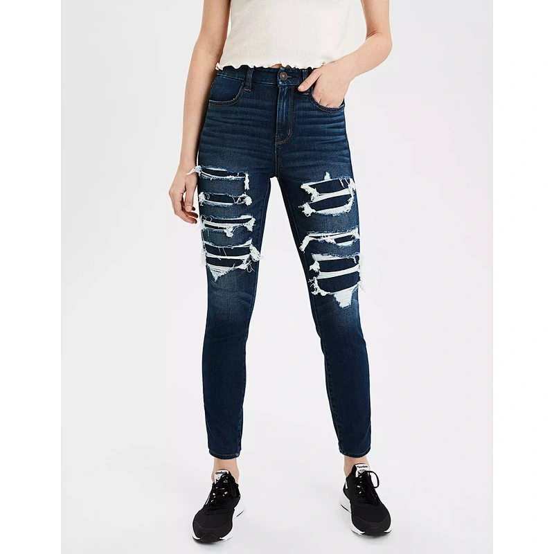Hot-sale street style ripped patches dark blue Women jeans