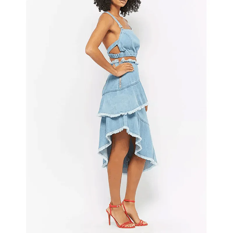 wholesale women fashion frayed ruffled flared skirt jeans