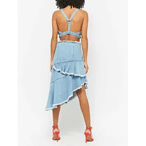wholesale women fashion frayed ruffled flared skirt jeans