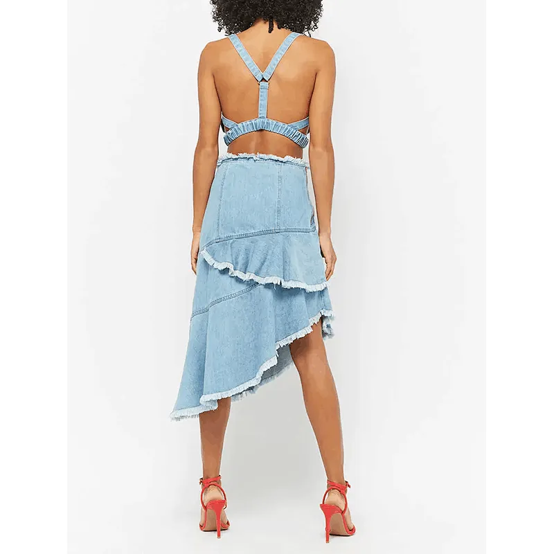 wholesale women fashion frayed ruffled flared skirt jeans