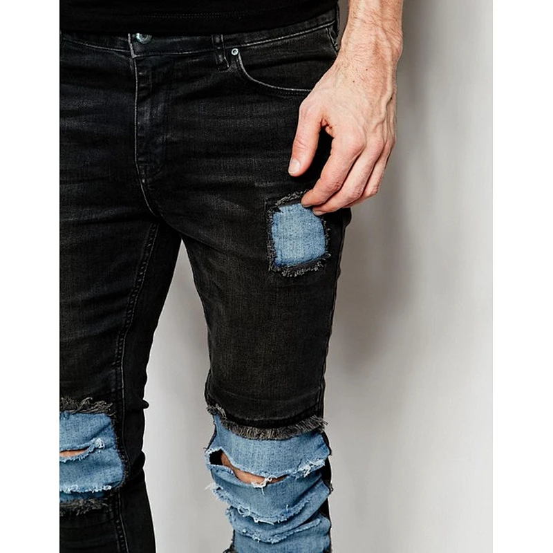 Skinny Ripped Knee Cut Men Jeans Patchwork Distress Men Jeans