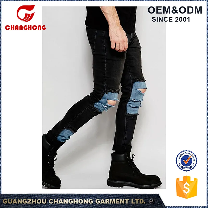 Skinny Ripped Knee Cut Men Jeans Patchwork Distress Men Jeans