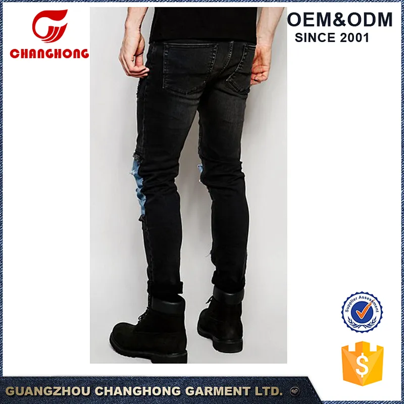 Skinny Ripped Knee Cut Men Jeans Patchwork Distress Men Jeans