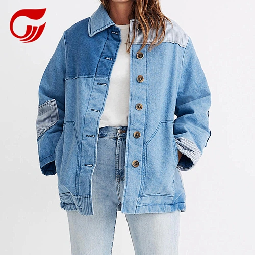 Wholesale patches light washing long lady jacket