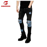 Skinny Ripped Knee Cut Men Jeans Patchwork Distress Men Jeans