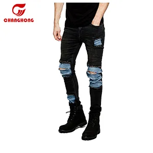 Skinny Ripped Knee Cut Men Jeans Patchwork Distress Men Jeans
